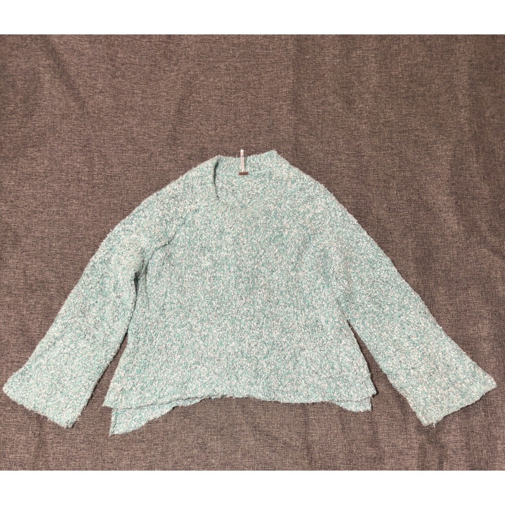 Free People Womens Small Sweater Boucle Knit Teal White Pullover